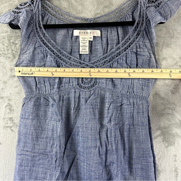 Studio M Dress Women’s XS Chambray Blue Babydoll Lace Detail Neckline Cap Sleeve - Picture 5 of 10